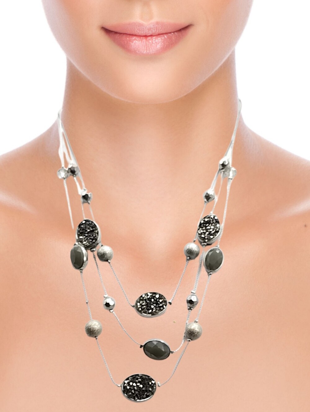 NY Silver Tone Multi-Layer Faux Druzy Statement Necklace NWOT